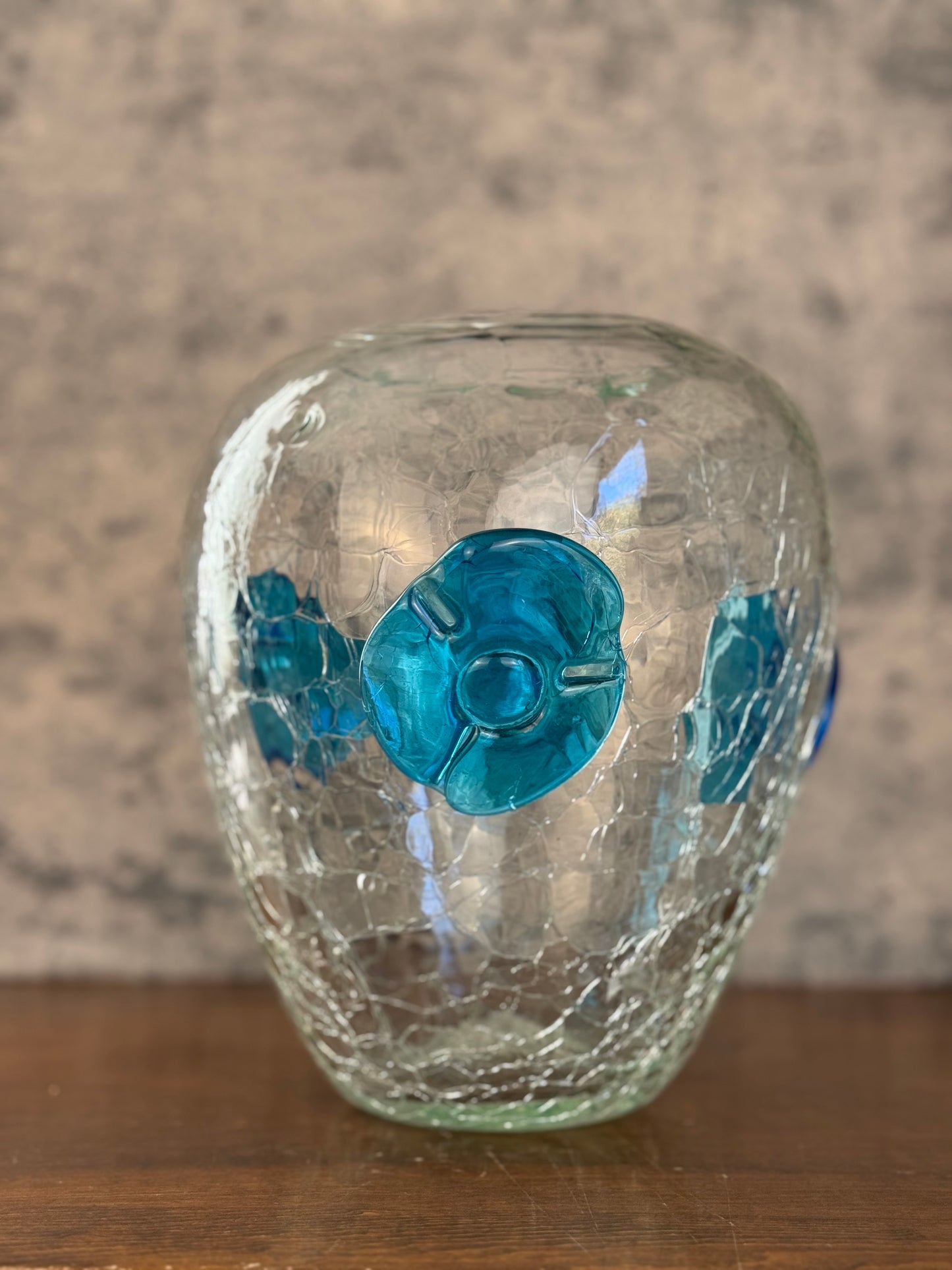 Blenko Crackle Glass Vase with Blue Flowers (1950's)