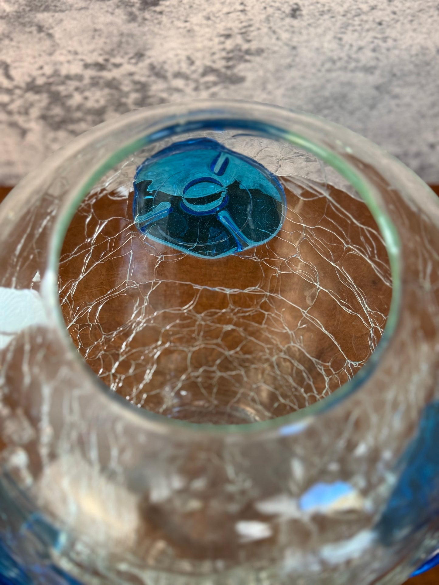 Blenko Crackle Glass Vase with Blue Flowers (1950's)