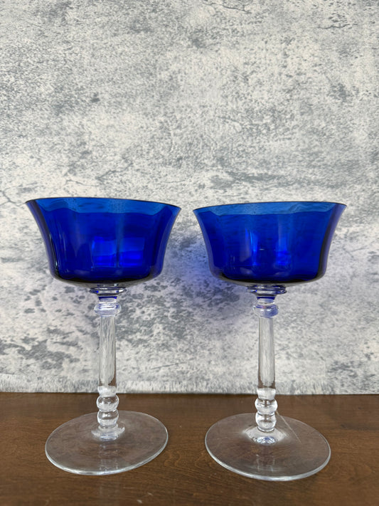 Cobalt Blue Crystal Cocktail Coupe Glasses (1950's-1960's)