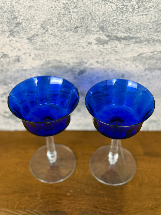 Cobalt Blue Crystal Cocktail Coupe Glasses (1950's-1960's)