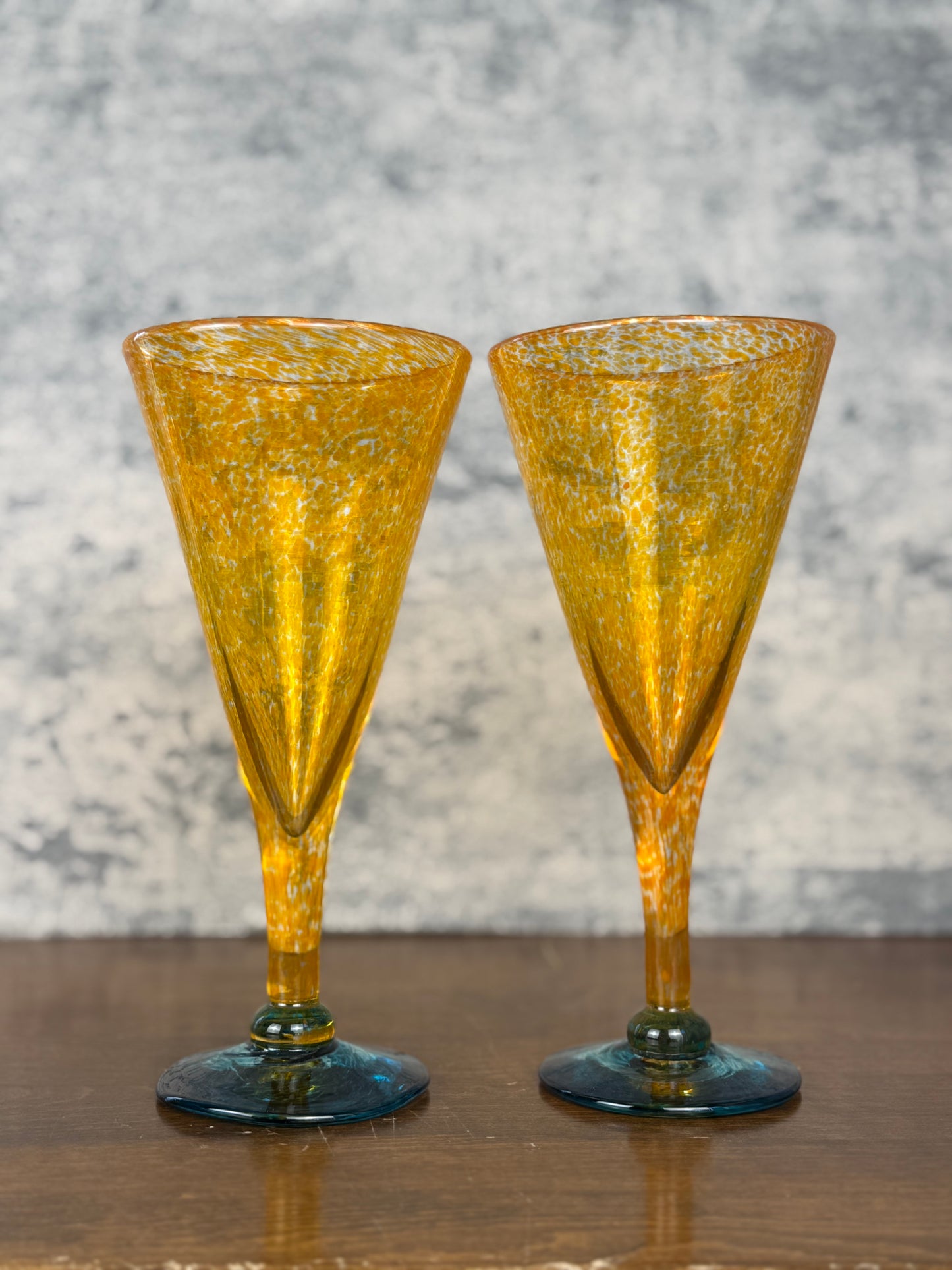 Handblown Orange & Teal Cocktail Glasses, Set of 2 (1990's)
