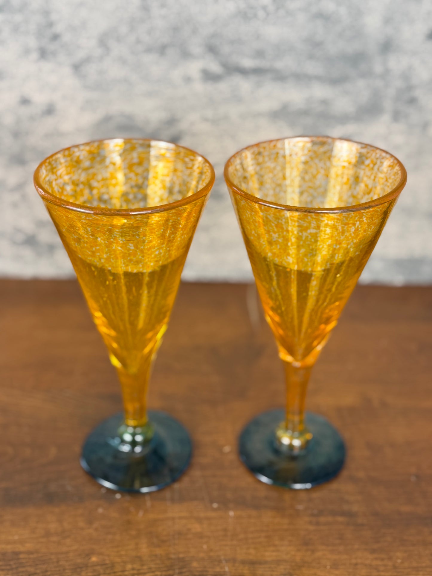 Handblown Orange & Teal Cocktail Glasses, Set of 2 (1990's)