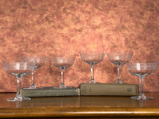 Art Deco Needle-etched Crystal Champagne Coupes, Set of 6 (1920's-1940's)